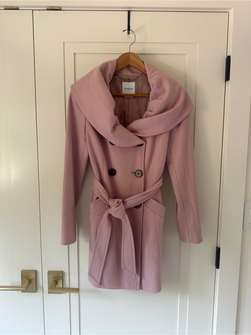 Bebe Mauve Pink Wool Blend Belted Coat Shawl Collar Size Small